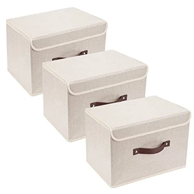 Abbildung von TYEERS Faltbare Aufbewahrungsbox mit Deckel, Stoff, Waschbare, Kisten Aufbewahrung 38x25x25 cm, 3 Stück, Beige