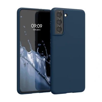 Abbildung von kwmobile Hülle kompatibel mit Samsung Galaxy S21 weiches TPU Silikon Case Cover geeignet für kabelloses Laden Marineblau