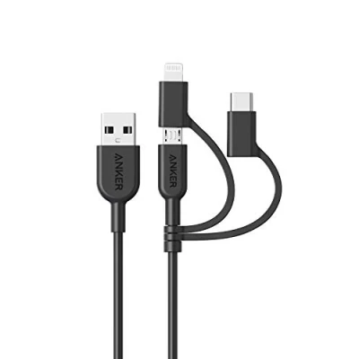 Abbildung von Anker Powerline II 3 in 1 Kabel, 0.9m langes Lightning/USB C/Mikro USB für iPhone, iPad, LG, Galaxy, Xperia, Android Handys und viele mehr (Schwarz)