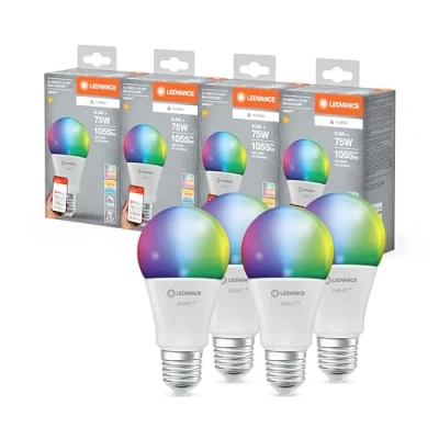 Abbildung von Ledvance SMART+ MATTER LED Lampe, kompatibel mit Google, Alexa, Apple, weiße Frost Optik, 9,5W, 1055lm, E27, Farblicht, Weißlicht, App oder Sprachsteuerung, bis zu 20.000 Std. Lebensdauer, 4 Pack