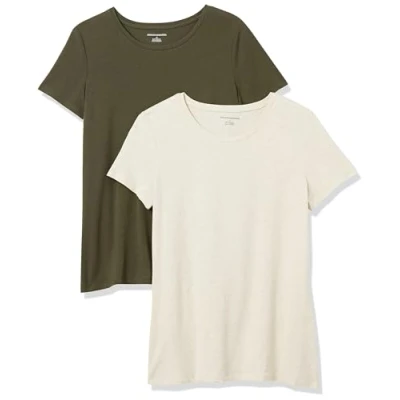 Abbildung von Amazon Essentials Damen T Shirt mit kurzen Ärmeln und Rundhalsausschnitt in normaler Passform, 2er Pack, Haferbeige Meliert/Olivgrün, L