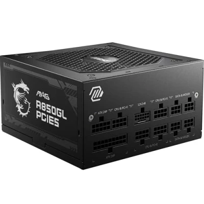 Abbildung von MSI MAG A850GL PCIE5 Netzteil, 850W, 80 Plus Gold, voll modular, ATX 3.0, unterstützt PCIe 5.0 GPU, 120mm FDB Lüfter mit dynamischen Kugellager, Full Bridge LLC, Schwarze Flackkabel 7 Jahre Garantie