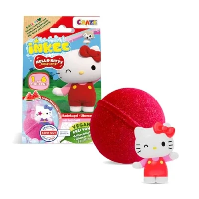 Abbildung von INKEE Hello Kitty Badebombe Kinder mit Überraschung 1 von 6 Figuren zum Sammeln Badekugel 80g Wassermelone Aroma und Jojobaöl, Rosa oder Rot