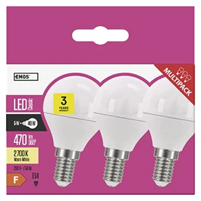 Abbildung von EMOS LED Lampe 5W, ersetzt 40W Glühbirne, E14 Sockel, 470lm, Warmweiß 2700K, Mini Globe G45, 30000 Stunden Lebensdauer, 3er Pack