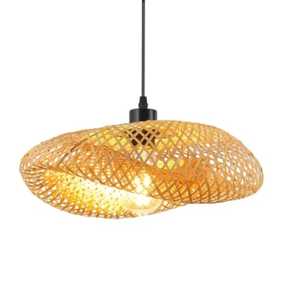 Abbildung von Schindora Pendelleuchte Esstisch Retro, Hut Lampenschirm HäNgelampe 40 Cm Weben E27 KreativitäT Holz FüR Esszimmer, Wohnzimmer, Restaurant, Helles Stroh