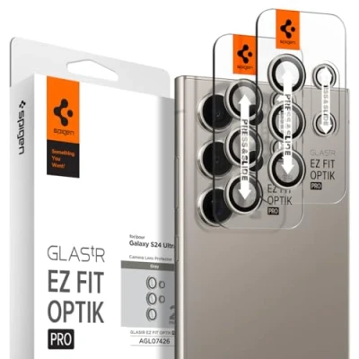 Abbildung von Spigen Glas.tR EZ Fit Optik Pro Kameraschutz kompatibel mit Samsung Galaxy S24 Ultra, 2 Stück, Titanium Gray, Individuelle Kameraprotektion, Anti Kratzer, 9H Härte Folie