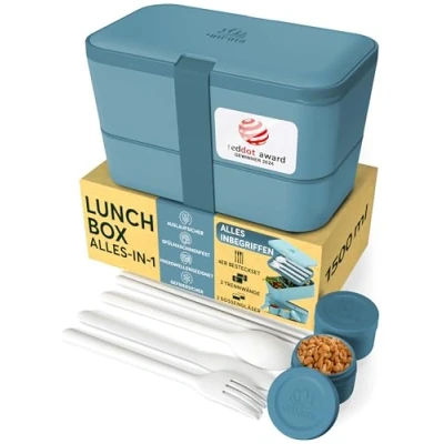 Abbildung von Umami Premium Lunchbox Erwachsene, Verschachtelbar Auslaufsichere Bento Box mit 4 Bestecke &amp; Fächern, Brotdose Salatbehälter To Go, Lunch für Picknick/Büro, Schwarz Stapelbar, 1500 ml