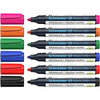Abbildung von Schneider Maxx 290 Marker (für Whiteboards und Flipcharts, Rundspitze 2 3 mm Strichstärke, rückstandsfrei trocken abwischbar, hohe Qualität, kräftig farbintensiv) Box mit 6 Farben