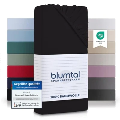 Abbildung von Blumtal® Basics Spannbettlaken Topper 140x200cm Jersey Bettlaken aus 100% Baumwolle Oeko TEX zertifiziertes Spannbetttuch Schwarz