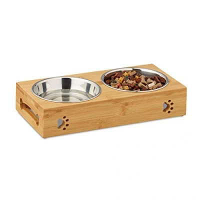 Abbildung von Relaxdays Double Dog Feeding Station Futterbar für kleine Hunde, 2 Näpfe V je 300 ml, erhöht, Bambus &amp; Edelstahl, HBT: 6,5x31,5x15 cm, Natur/Silber, 1 Stück