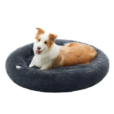 Abbildung von Feandrea Hundebett flauschig, Katzenbett, Donut Kissen, waschbar, Polsterung in der Mitte herausnehmbar, Langer Plüsch, 100 cm Durchmesser, dunkelgrau PGW042G02