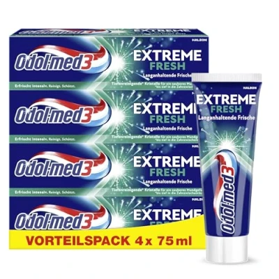 Abbildung von Odol med3 Extreme Fresh Zahnpasta für langanhaltende Frische, 4x75ml, mit tiefenreinigenden Kristallen ein sauberes Mundgefühl Zahncreme