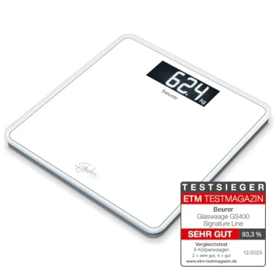 Abbildung von Beurer GS 400 white Signature Line Glas /Personenwaage, mit großer Trittfläche aus super weißem Sicherheitsglas, stylischer Schwarz Display im XL Format und Tragkraft bis 200 kg