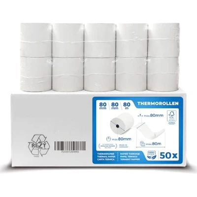 Abbildung von Thermorollen 80mm x 12mm Thermopapier Bonrollen (80 80 12) 48g zertifiziert für Kassen Drucker wie Epson, IBM, Metapace uvm Premium BPA Frei (50)