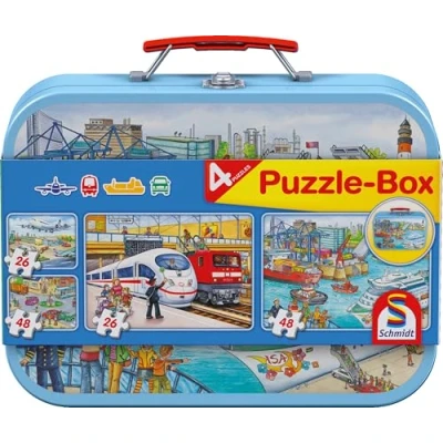 Abbildung von Schmidt Spiele 56508 Verkehrsmittel, 4 Kinderpuzzle im Metallkoffer, 2x26 und 2x48 Teile