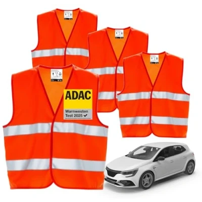 Abbildung von 4X Stück Warnwesten Auto orange 2025 gemäß ISO20471 PKW &amp; LKW Sicherheitswesten für Sicherheit im StVO Autozubehör (4er Warnweste orange)