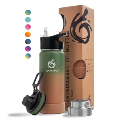 Abbildung von hydro2go ® Trinkflasche aus Edelstahl 0.5/1 Liter für Kinder, Schule, Sport, Fitness &amp; Outdoor Edelstahlflasche BPA frei + 3 Trinkverschlüsse 100% Auslaufsicher