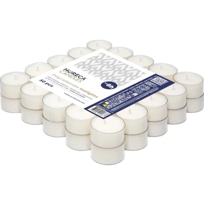 Abbildung von Horeca Candles Theelichter Transparente Hülle 8 Stunden Brenndauer Weiß 50 Stück Klar Teekerzen Ohne Duft Kerzen in Durchsichtigem Behälter