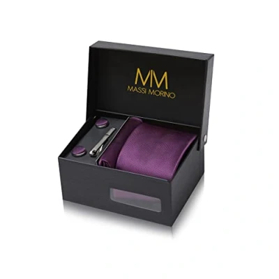 Abbildung von Massi Morino Krawatte Lila mit Einstecktuch Set Herren inkl. Manschettenknöpfe, Krawattennadel und Geschenkbox Männer Krawattenset