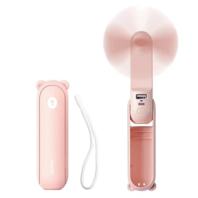 Abbildung von JISULIFE Mini Handventilator, 3 in 1 wiederaufladbarer USB [1219 Betriebsstunden] mit Powerbank, Taschenlampe, tragbarer Ventilator für Reisen/Sommer, Geschenke Frauen Rosa