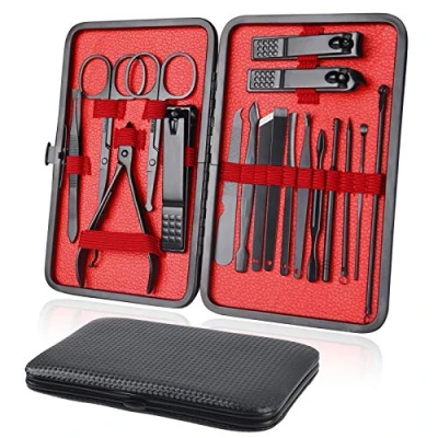 Abbildung von URAQT Maniküre Set, 18 teiliges Pediküre Nagelknipser, Edelstahl Pflege Werkzeuge Mit PU Ledertasche, Professionelle Rundum Hand Fußpflege Kit für Damen &amp; Herren (Schwarz innen rot)