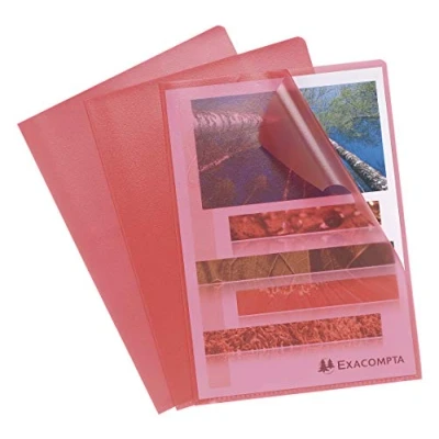 Abbildung von Exacompta 58525E 100er Pack PP Kunststoff Aktenhüllen. für DIN A4 transparent genarbt rot oben und seitlich offen Plastikhülle Klarsichthülle Büro die mobile Organisation