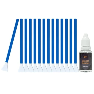 Abbildung von UES APSC16 Sensor Reinigungsset für APS C DSLR und Spiegellose Kameras 14x 16mm Mikrofaser Swabs einzeln verpackt, 15ml Flüssig Reiniger, CMOS/CCD Sensoren, kompatibel mit Sony, Canon, Nikon