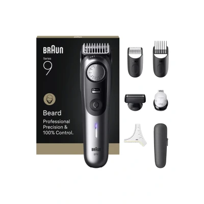 Abbildung von Braun Barttrimmer Series 9, Mit 7 Barber Tools, Power Boost &amp; Lebenslang scharfe ProBlade Klinge, 180 Min Akkulaufzeit, Fade, 52 Längen, Präzisionsrad Verriegelung, Wasserdicht, BT9520, Chrom