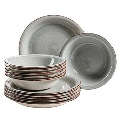Abbildung von MÄSER Teller Set für 6 Personen im modernen Vintage Look, 12 teiliges Tafelservice, handbemalt, Blau, Steingut, Rauchblau (Bel Tempo II)
