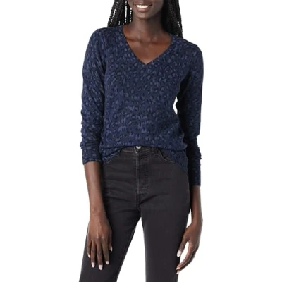Abbildung von Amazon Essentials Damen Leichter, Langärmeliger Pullover Mit V Ausschnitt, Klassischer Schnitt (Erhältlich In Übergröße), Marineblau Schwarz Gepard, S