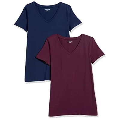Abbildung von Amazon Essentials Damen T Shirt mit kurzen Ärmeln und V Ausschnitt in normaler Passform, 2er Pack, Burgunderrot/Marineblau, XXL