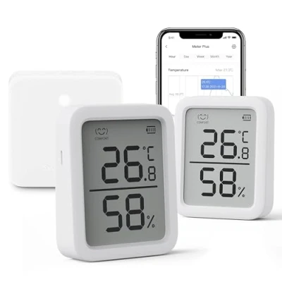 Abbildung von SwitchBot Wlan Thermometer Hygrometer Innen 2 Stück und Hub Mini, Bluetooth Digital Temperatur Feuchtigkeit Sensor mit APP &amp; Datenspeicherung, Taupunkt/VPD/Absolute Feuchtigkeitssensor