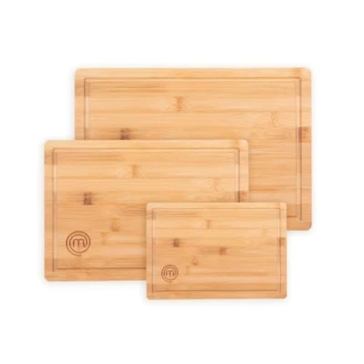 Abbildung von MasterChef Schneidebretter Holz, Bambus, 38cm x 27,5cm 34cm 23,5cm 23cm 15cm, Spülmaschinenfest, Holzbrett Groß, Mittel und Klein, Bretter Kuche, Natürlich mit Saftrille