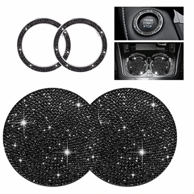 Abbildung von Yungeln 2 Stück Auto Getränkehalter Untersetzer + Start Stop Button Ring Kristall Bling Strass Dekor Zubehör Schwarz