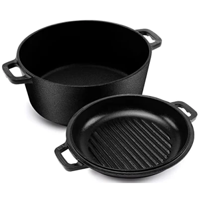 Abbildung von Kichly 2 in 1 Gusseisen Topf Mit Doppelter Zweck Grillpfannendeckel Vorgewürzter Gusseiserner Dutch Oven Brot Backen, Kochen, Braten, Schmoren &amp; Grillen Im Innen Und Außenbereich