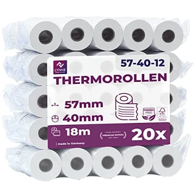 Abbildung von Ec Cash Thermorollen 57mm x 18m 12mm Kassenrollen Thermopapier Bonrollen für Bankomat Kredit Kartenlesegeräte (57x40x12) mit SEPA Lastschrifttext (20 Rollen)
