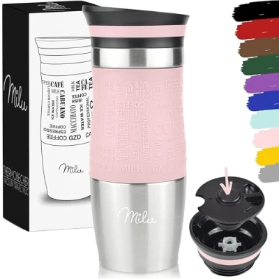 Abbildung von Milu Thermobecher 370ml 450ml Isolierbecher Kaffeebecher to go 100% Auslaufsicher Trinkbecher aus Edelstahl Autobecher doppelwand Isolierung Thermo Becher Travel Mug (Rosa, 370ml)