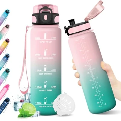 Abbildung von KollyKolla Trinkflasche 1L Kohlensäure Geeignet, mit Zeitmarkierungen, BPA Frei, Wasserflasche Auslaufsicher, Sportflasche für Kinder, Erwachsener, Sport, Camping, Gym, Büro, Uni, Yoga
