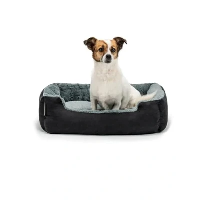 Abbildung von lionto Hundebett mit Wendekissen und Rutschfester Unterseite, Robustes Heimtierkissen tiefem Einstieg für Hunde Katzen jeden Alters, 60x48 cm, kuscheliges Hundekissen, schwarz/grau