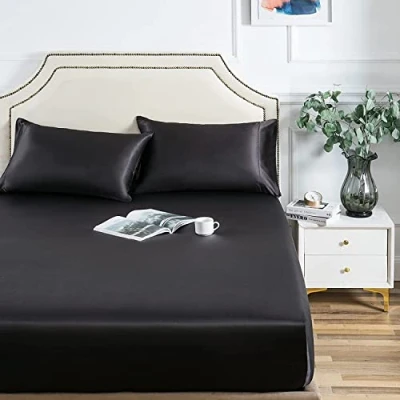 Abbildung von Damier Satin Spannbettlaken 200x200cm Schwarz Seide Glänzend Spannbetttuch Hochwertiges Deluxe Bettlaken, geeignet für Matratzen bis 25cm