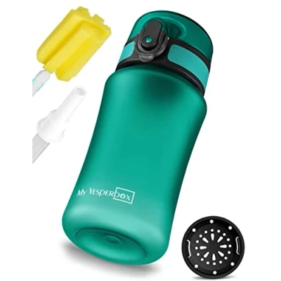 Abbildung von My Vesperbox Minny Kinder Trinkflasche auslaufsicher mit Strohhalm oder Sieb 350ml leichte Tritan Wasserflasche BPA frei für Kindergarten, Schule (Türkis 350ml)