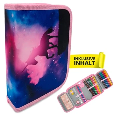 Abbildung von itenga Schüler Etui 28 teilig gefüllt 1 Zipper Federmäppchen für Jungen und Mädchen (magisches Einhorn)