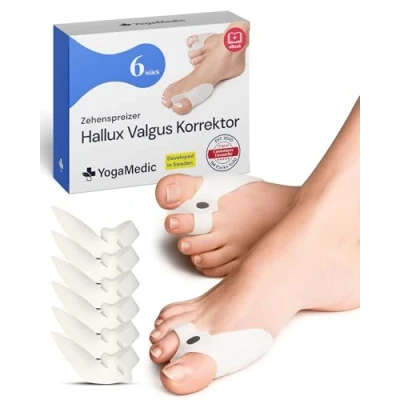 Abbildung von YOGAMEDIC® Hallux Valgus Korrektur und Zehenspreizer Verstellbare Gel Schiene zum Spreizen Dehnen 6 Stk Silikon Kissen in Universalgröße 0% BPA Unisex