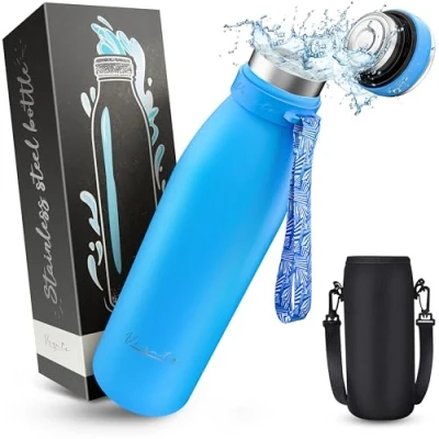 Abbildung von Vezato Trinkflasche Edelstahl BPA freie Isolierflasche 750 ml Auslaufsichere Wasserflasche mit doppelter Isolierung Thermosflasche spülmaschinenfest Für Kohlensäure geeignet Nachhaltig
