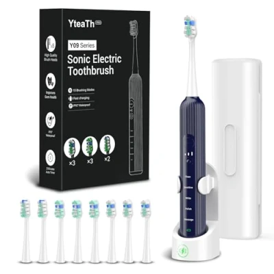 Abbildung von Elektrische Zahnbürste, Schallzahnbürste für Erwachsene und Kinder, Electric Toothbrush mit 5 Putzmodi 3 Intensitätsstufen Integrierter Timer 8 Zahnbürstenköpfen, Reiseetui, Blau