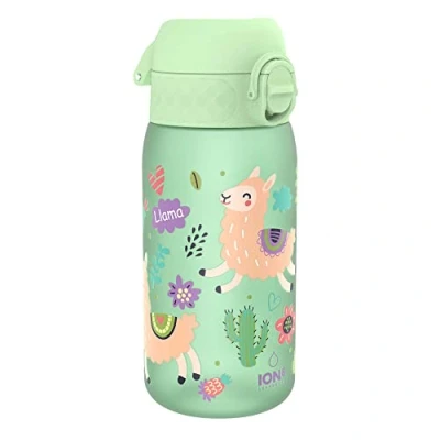 Abbildung von ion8 Kinder Trinkflasche, 350ml, Auslaufsicher, Einhandöffnung, Sichere Verriegelung, Spülmaschinenfest, BPA frei, Tragegriff, Klappdeckel, Leicht zu Reinigen, Klimaneutral, Llamas Design