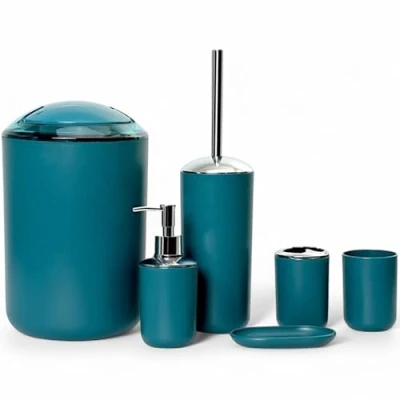 Abbildung von 6tlg Badset Badezimmer Zubehör Set Organizer: Seifenspender, Zahnputzbecher, Kosmetikeimer, WC Bürste und Halter, Seifenschale, Mülleimer, Zahnbürstenhalter, Badgarnitur (Dunkel Türkis Design 3)