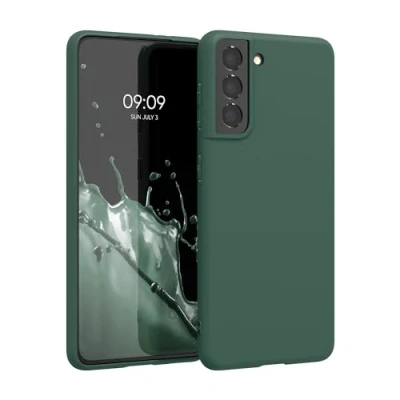Abbildung von kwmobile Hülle kompatibel mit Samsung Galaxy S21 weiches TPU Silikon Case Cover geeignet für kabelloses Laden Tannengrün