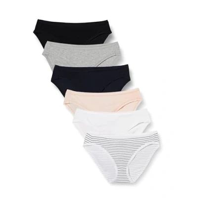 Abbildung von Amazon Essentials Damen Bikinihose aus Baumwolle (in Übergröße erhältlich), 6er Pack, Mehrfarbig/Heide/Streifen, 40