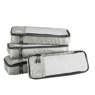 Abbildung von Amazon Basics Packwürfel Set für Koffer, Reise Organizer, Reißverschluss, 4 Teilig, Schmal, Grau